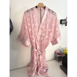Fredericks of Hollywood Pink Sheer Heart Jacquard Robe Kimono Satin Trim Medium